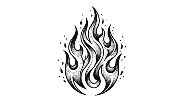 Stylized flame vector illustration featuring detailed stipple shading and sharp bold outlines in a classic black and white tattoo design