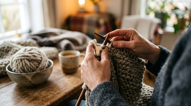 Senior woman knitting with wool yarn sitting at a wooden table at home
