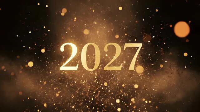 2027 golden text revealing through explosive sparklers and floating shimmer particles, brilliant festive celebration background