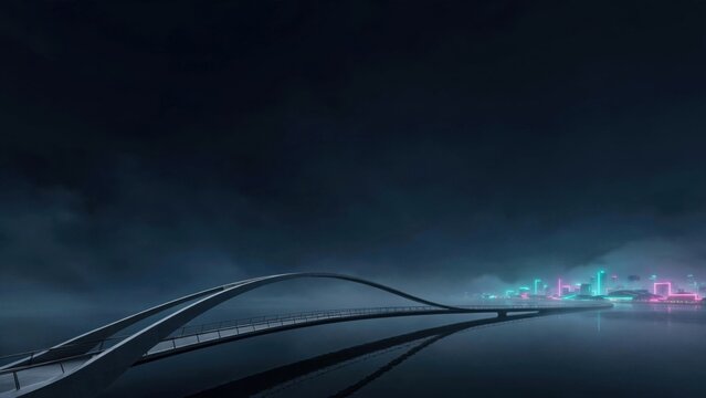 Futuristic bridge over water with glowing city lights and misty night sky