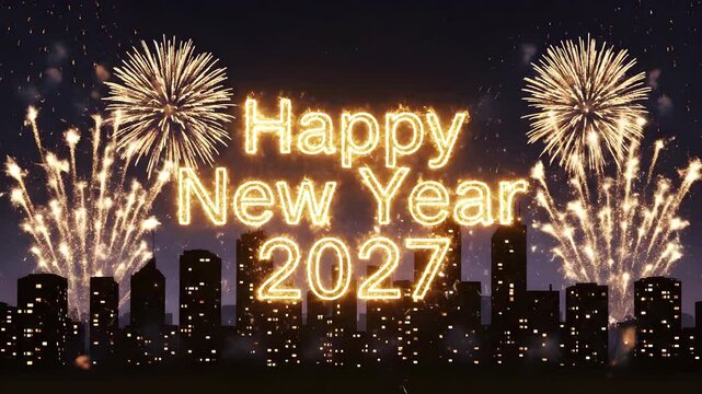 Happy New Year 2027 glowing sparkler text over a dark city skyline with bursting fireworks in the night sky for TV network New Year broadcasts