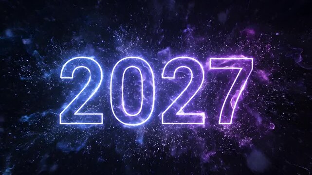 2027 neon electric purple and blue energy sparks combining to form glowing line numbers on a black space background
