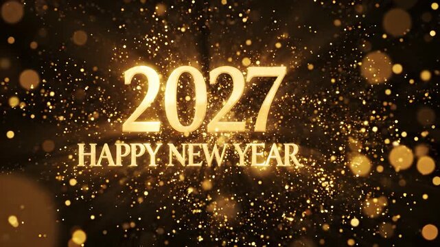 2027 Happy New Year revealed by an intense explosion of golden light and flying sparks with floating bright dust