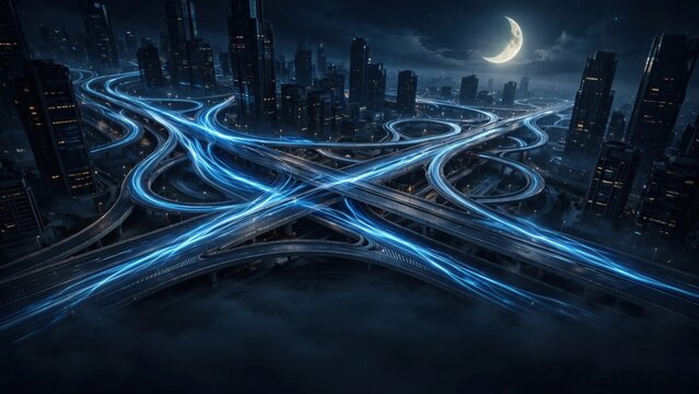 A futuristic city at night, illuminated by neon highway light trails under a crescent moon