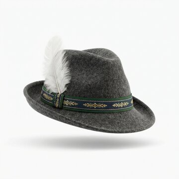 Grey felt alpine hat with a traditional feather and decorative band