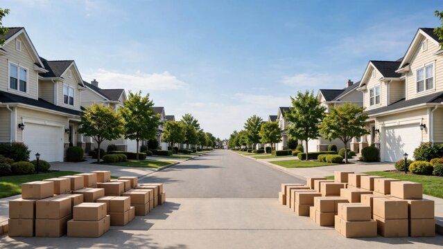 Symmetrical suburban street with moving boxes flanking the center, leading to homes under a clear sky