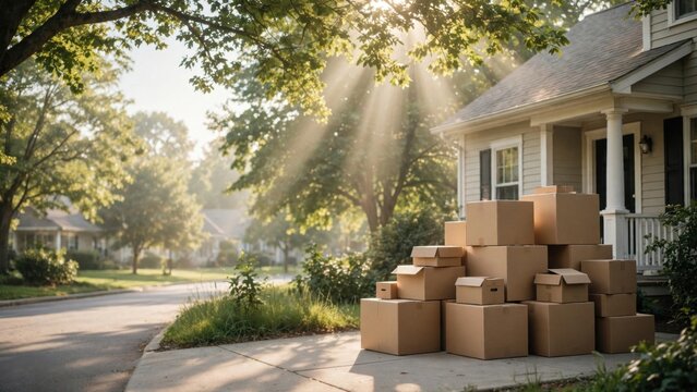 Cardboard boxes stacked on driveway next to house, bathed in sunbeams