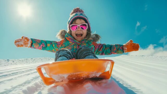 A joyful child sleds down a snow-covered hill, bundled in colorful winter gear, including a snowsuit, hat, and sunglasses. The bright sun and blue sky create a cheerful atmosphere.
