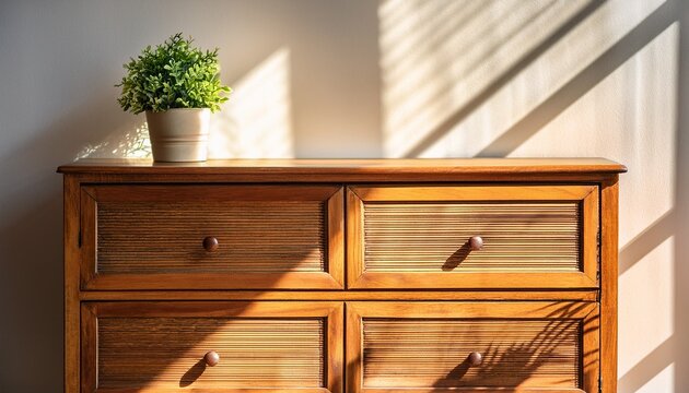 antique wooden dresser with plant in sunlit room