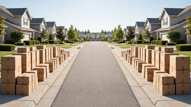 Rows of moving boxes line a suburban street between identical houses