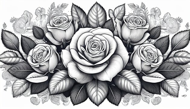 highly detailed botanical engraving of blooming roses and leaves in symmetrical composition vintage hand engraved black and white design