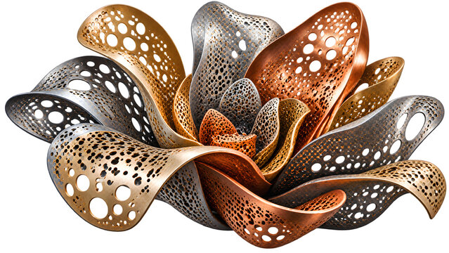 Metallic parametric flower sculpture, 3D organic floral art in bronze and silver, futuristic bionic petal design on white background