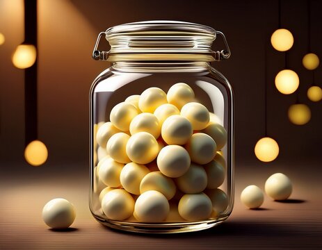3d render of glass jar filled with white chocolate candies