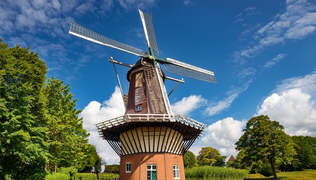 historic dutch windmill surrounded by green trees beneath a blue summer sky with white clouds in sonderborg denmark