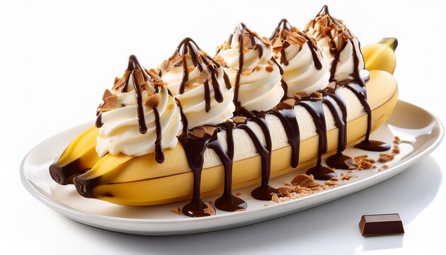 an extraordinary banana split with chocolate dipped scoops of ice cream topped with whipped cream and decorations white background