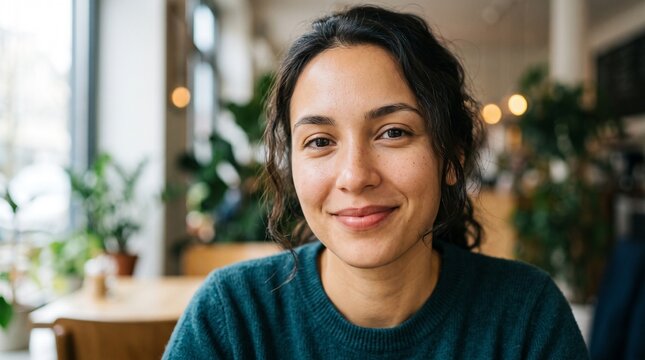 Warm Smile, Indoor Serenity: A close-up portrait captures a young woman with a gentle smile, her eyes radiating warmth and approachability.