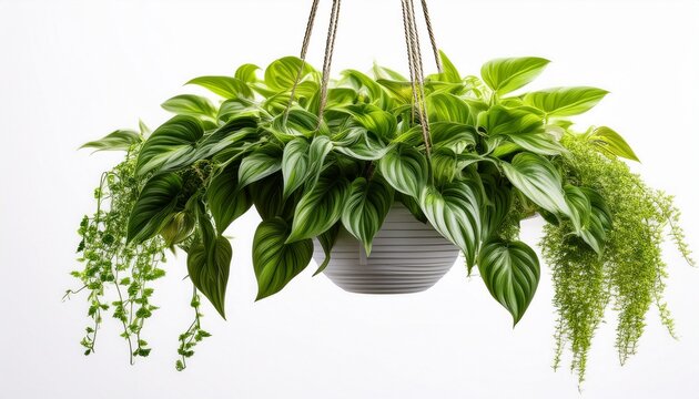 lush green hanging houseplant isolated on white background