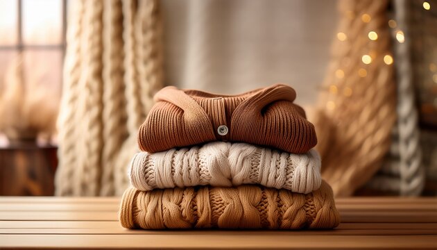 cozy stack of knitted sweaters in warm earth tones