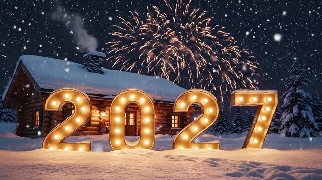 2027 marquee bulb numbers standing in deep snow outside a cozy wooden cabin with falling snow and fireworks