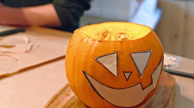 Orange pumpkin displays a paper jack-o-lantern face template while hands work around it, Halloween craft, festive seasonal decoration.