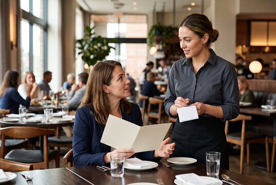 Waitress in apron taking food order from smiling customer holding menu at restaurant table