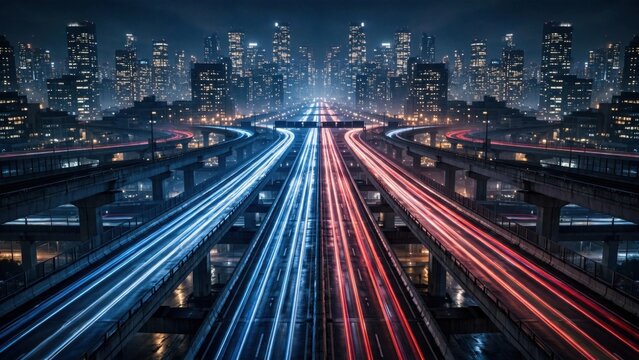 A vast, illuminated cityscape at night, with light trails from cars streaking across multiple highway levels
