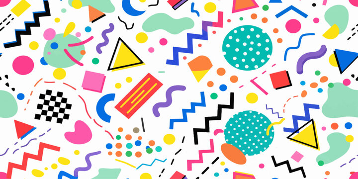 Seamless pattern with colorful geometric shapes and zig zag lines in a fun eighties retro style design