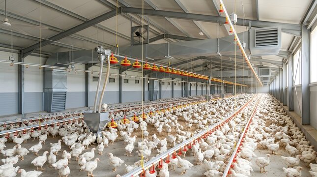 Modern poultry farm with white chickens inside large industrial shed
