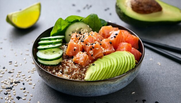 poke bowl with salmon avocado cucumber quinoa sesame seeds fresh ingredients
