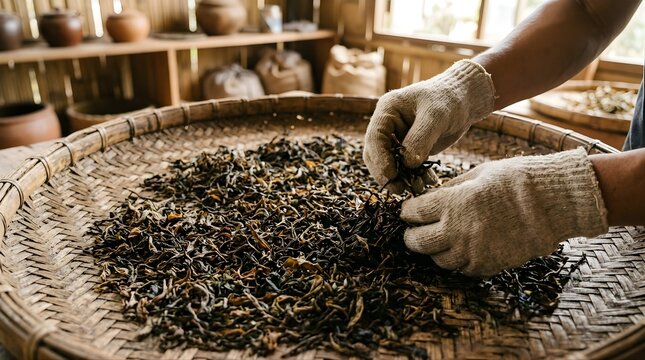 Person wearing gloves sorting dried tea leaves in a traditional wicker basket
