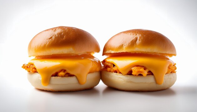 two juicy cheese sliders with melted cheddar rest against a crisp white background promising a delicious and simple meal perfect for a light lunch bite now