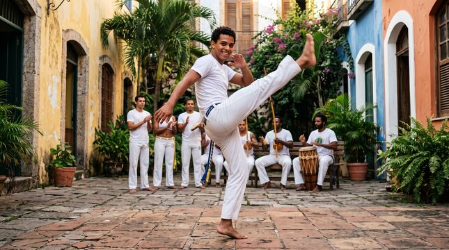 Young man performs a capoeira kick in a vibrant courtyard with musicians playing instruments