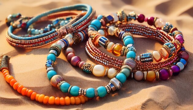 colorful beaded necklaces and bracelets on a sandy surface
