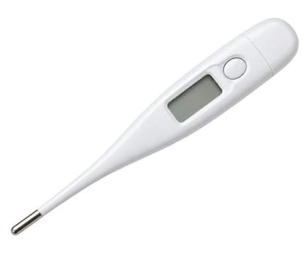 White digital thermometer with metal tip and display on transparent background. Medical device for measuring body temperature at home or clinic.