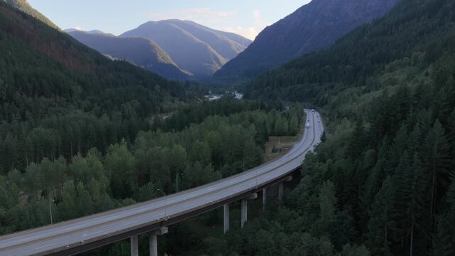 Aerial View of Coquihalla Highway in British Columbia, Canada, Through Majestic Mountain Forests
