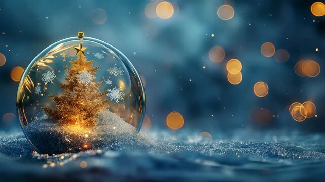 This image features a glass snow globe with a miniature golden Christmas tree inside. The tree is covered with snowflakes and sits atop a mound of snow. The background is a blurred blue bokeh.