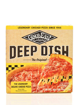 IRVINE, CALIFORNIA - 9 SEPT 2026: A box of Ginos East of Chicago Deep Dish Pizza