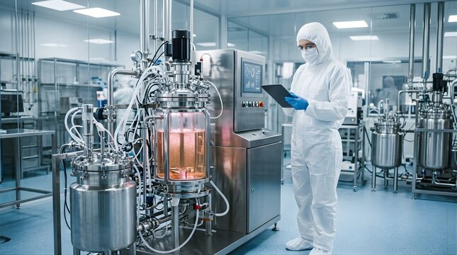 Scientist in cleanroom monitoring chemical reactor with digital tablet