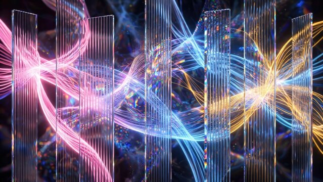 Translucent, grooved pillars refract vibrant, swirling energy streams against a dark, textured background