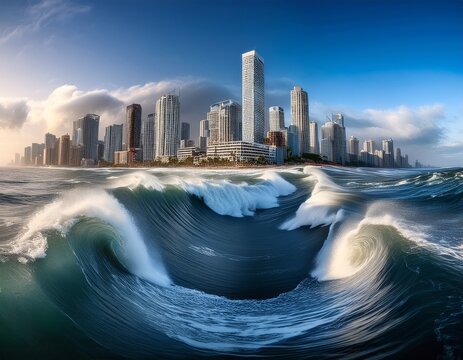 hurricane waves threaten coastal city skyline