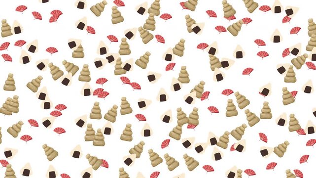 Japanese traditional food pattern with onigiri, dango and folding fans