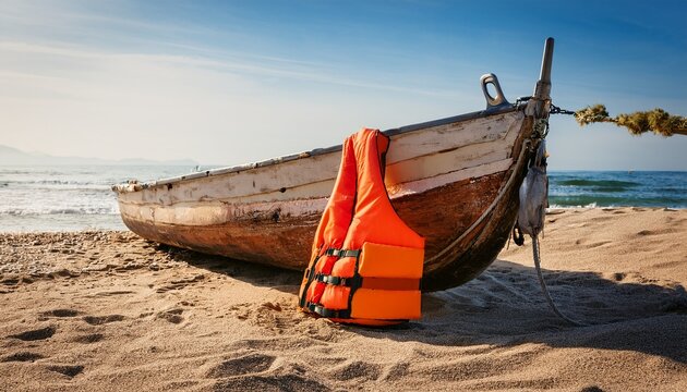 weathered boat on the shore with a vintage orange life jacket resting on the side during a sunny day by the beach