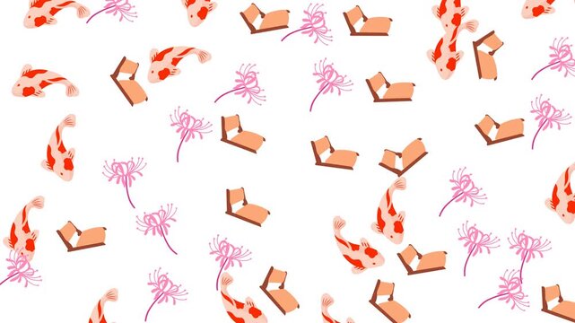 Japanese Seamless Pattern Featuring Koi Fish Lycoris Flowers and Floor Chairs