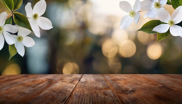 rustic wood board mockup surface with white dogwood flowers and soft blurred bokeh background