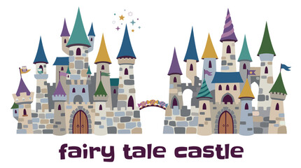 Fototapeta premium fairytale castle with elegant turrets, tall towers, decorative rooftops, magical medieval architecture, charming European landmark, detailed vector illustration for fantasy and decorative designs