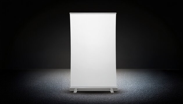 a blank white pullup banner stands centered against a dark background