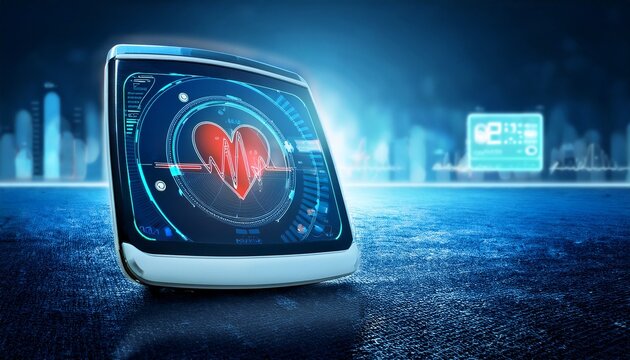 modern electronic device showing heart rate monitor display with futuristic blue background