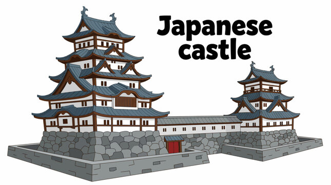 japanese castle with curved rooftops, layered towers, wooden details, fortified walls, traditional architecture, historic cultural landmark, detailed vector illustration for tourism and travel designs