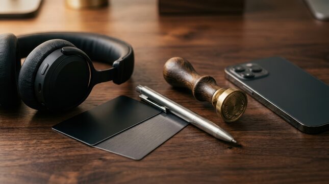 Wireless headset, blank payment cards, smartphone, metal pen, and seal stamp on dark wood desk for banking support and fraud monitoring.