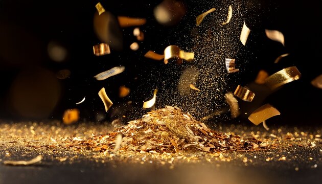 close up of flying gold shavings selective focus